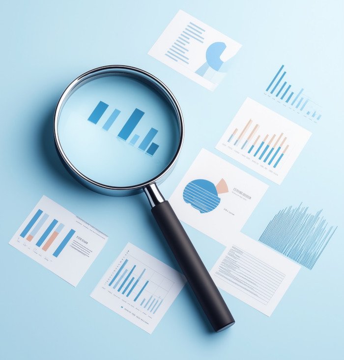 Magnifying glass on printed financial charts and graphs on a light blue background, symbolising comprehensive dummy data generation.